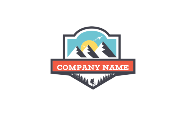 travel logo online hiker climbing mountains with pine trees in background