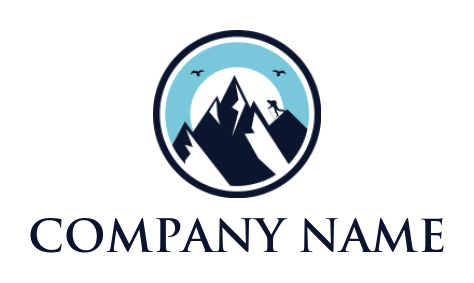 travel logo hiker on snow mountains bird and sun