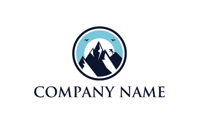 hiker on snow mountains with bird and sun logo maker