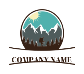 travel logo illustration hiking men in front of mountain with tree