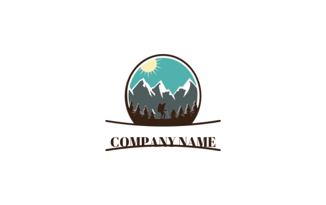 travel logo illustration hiking men in front of mountain with tree