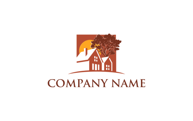 real estate logo template homes with sun & tree in square