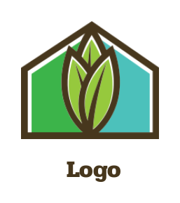 house or barn icon behind garden leaves 