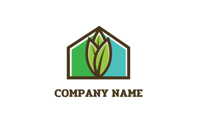 house logo icon behind garden leaves 