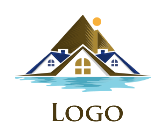 Real estate logo house roofs with mountain and river