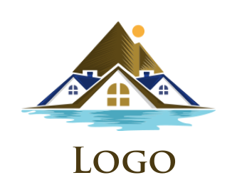 real estate logo house roofs with mountain and river