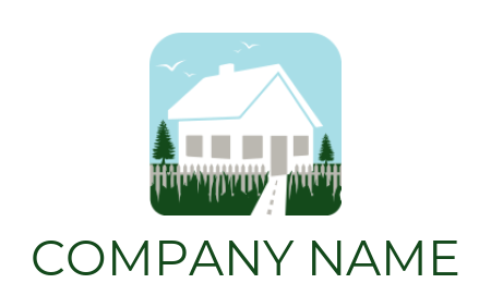 design a real estate logo house with garden, trees picket fence 