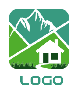 property logo farmhouse with mountains and grass