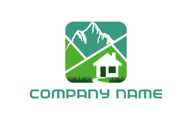Farmhouse logo concept with mountains and grass 