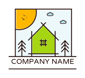 house with trees and sun line art logo sample