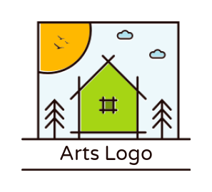 arts logo maker house with trees sun line art