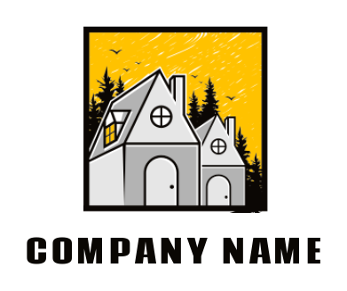 real estate logo houses with chimneys pine trees