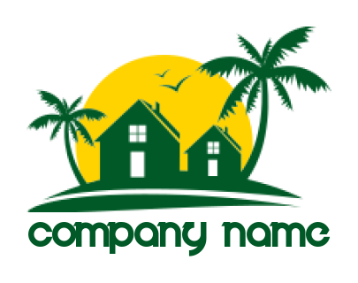 property logo houses with palm tree front of sun