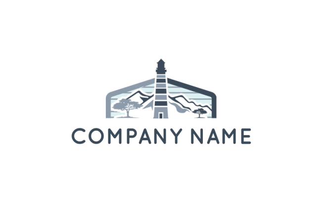 create a insurance logo illustration lighthouse with mountainous background