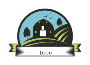 make an agriculture logo illustration of barn house with ribbon