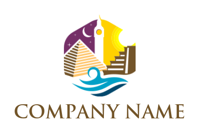 Travel logo desert pyramid, water and minaret
