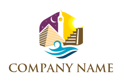 Travel logo desert pyramid, water and minaret