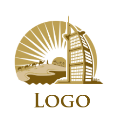 travel logo illustration of Dubai burj al Arab with camels 