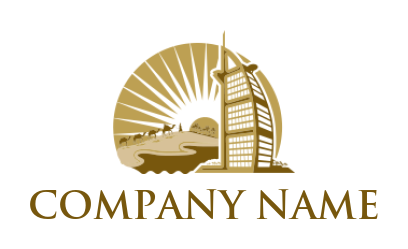 travel logo illustration of Dubai burj al Arab with camels 