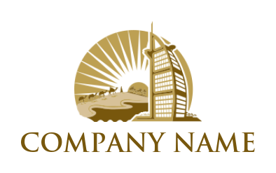 travel logo illustration of Dubai burj al Arab with camels 