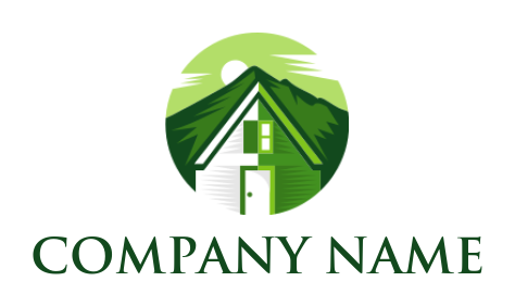 real estate logo house against green mountains