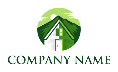 real estate logo house against green mountains