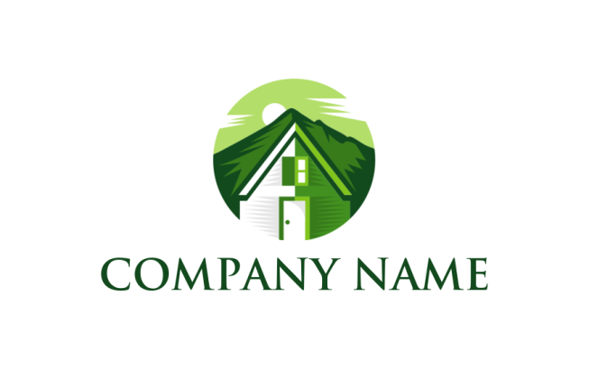 real estate logo maker illustration of house against green mountains 