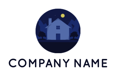 design a real estate logo illustration of house in night forest and mountain