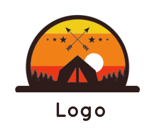 travel logo of tent with retro setting sun