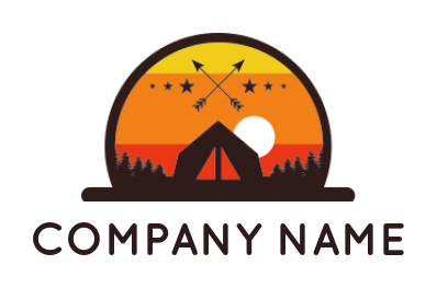 make a travel logo illustration of tent with retro setting sun