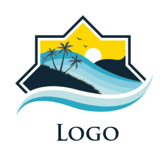 make a travel logo of waves across trees and sun