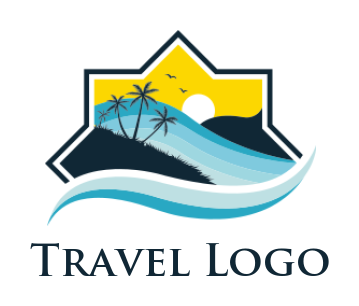 make a travel logo of waves across trees and sun