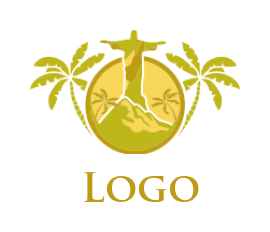 religious logo template Jesus on mountain and palm trees 