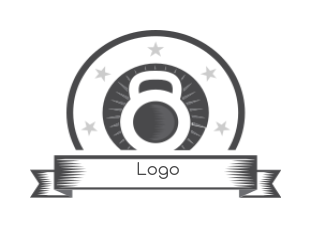 fitness logo kettle bell in emblem with ribbon
