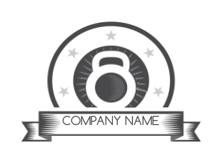 fitness logo kettle bell in emblem with ribbon