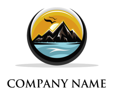 lake and mountains with birds illustration travel logo