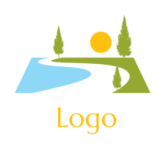 create a landscape logo river sun and pine trees