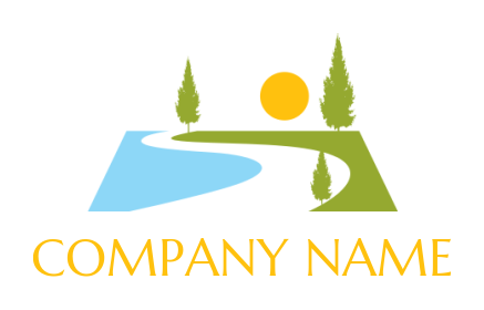 create a landscape logo landscape with river sun and pine trees