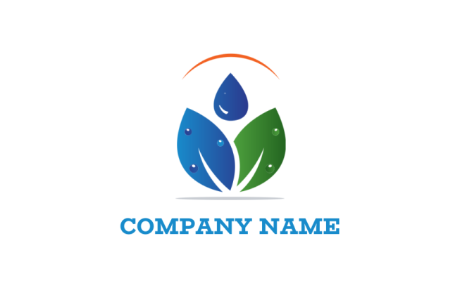 leaves logo design with water droplets and sun