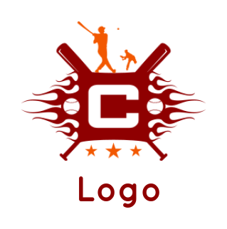 letter C in fiery baseballs with crossed bats and players