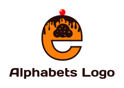 Letter E logo forming chocolate cake with cherry