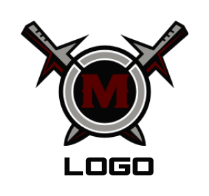 Letter M logo in round shield with swords