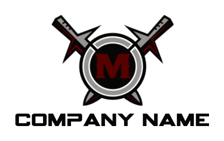 Letter M logo in round shield with swords