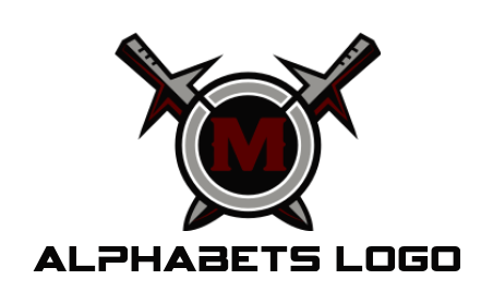 Letter M logo in round shield with swords