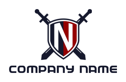 Letter N logo icon inside shield with swords