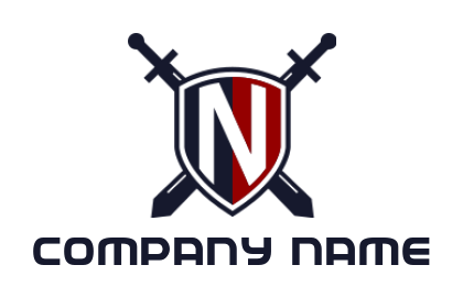 Letter N logo icon inside shield with swords