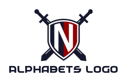 Letter N logo icon inside shield with swords
