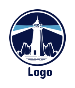 Lighthouse on rocky shore emblem
