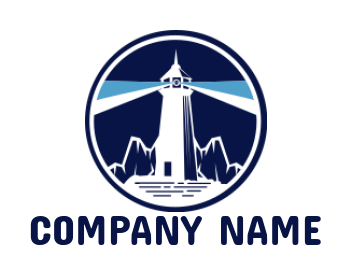 Lighthouse on rocky shore emblem