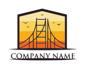 create a line art bridge with birds in pentagon